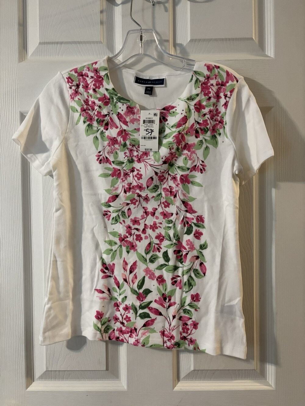 Karen Scott PS Petite Small Tee Top Blouse Floral Pink Green NWT Sparkle